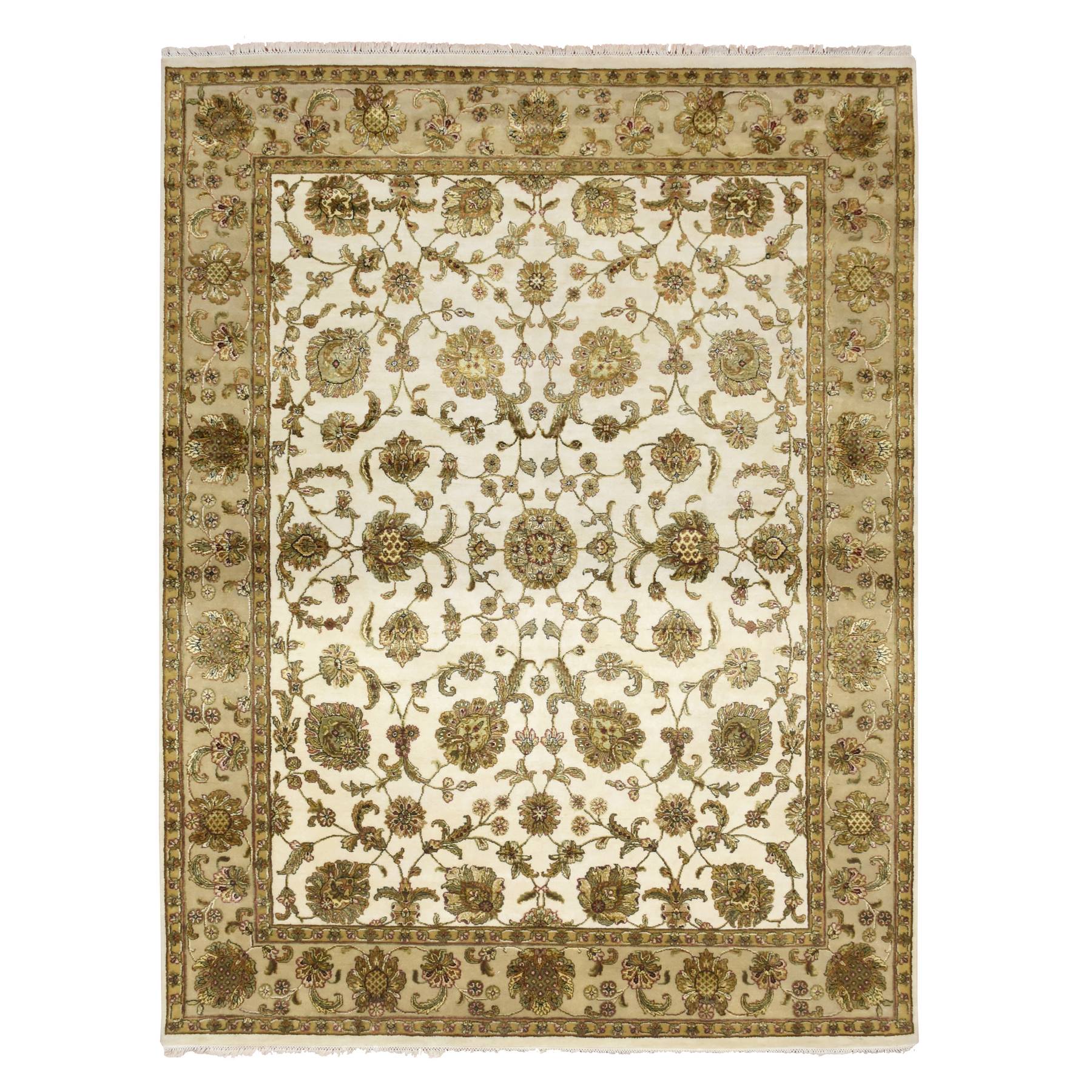 Chiffon White, Rajasthan with All Over Leaf Design, Wool and Silk, Soft Pile, Thick and Plush, Hand Knotted, Oriental Rug